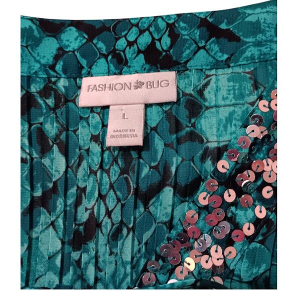 Y2K FASHION BUG Top Blouse L‎ Accordion Pleats Flare Sequins Snake Turquoise - Picture 7 of 12
